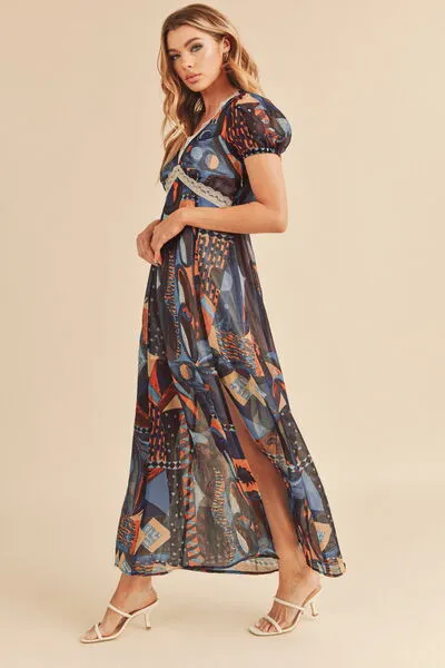 Aemi   Co Lace Detail Slit Geometric Print Short Sleeve Maxi Dress