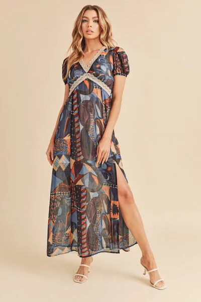 Aemi   Co Lace Detail Slit Geometric Print Short Sleeve Maxi Dress