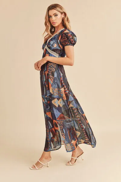 Aemi   Co Lace Detail Slit Geometric Print Short Sleeve Maxi Dress