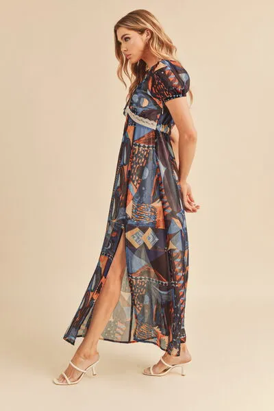 Aemi   Co Lace Detail Slit Geometric Print Short Sleeve Maxi Dress