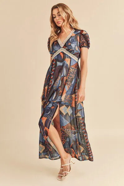 Aemi   Co Lace Detail Slit Geometric Print Short Sleeve Maxi Dress