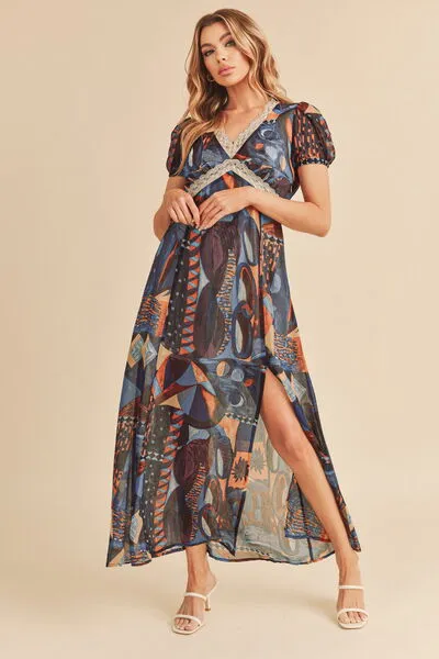 Aemi   Co Lace Detail Slit Geometric Print Short Sleeve Maxi Dress
