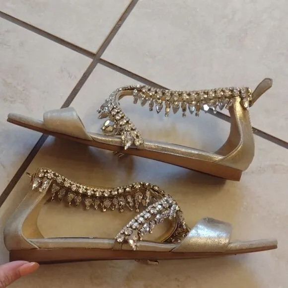 Badgley Mischka Tristen Crystal Sandals leather upper champagne metallic finish
