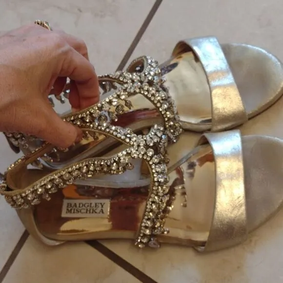 Badgley Mischka Tristen Crystal Sandals leather upper champagne metallic finish