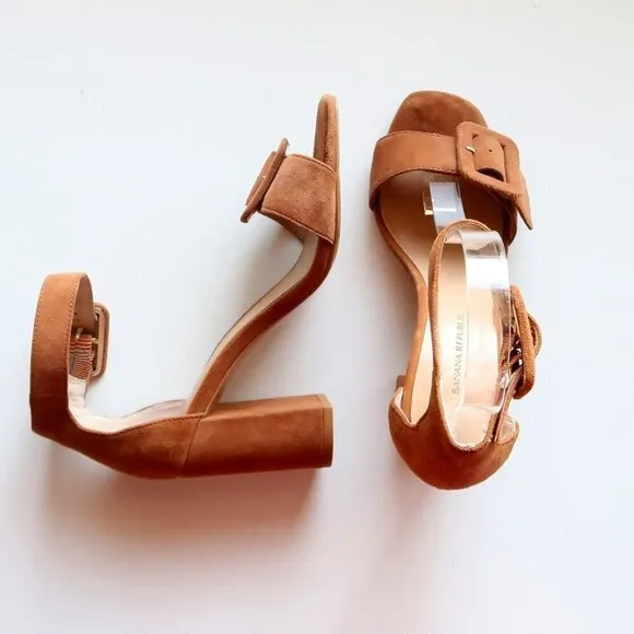 Banana Republic Tan Suede Leather Ankle Strap Block Heel Sandals Size 6