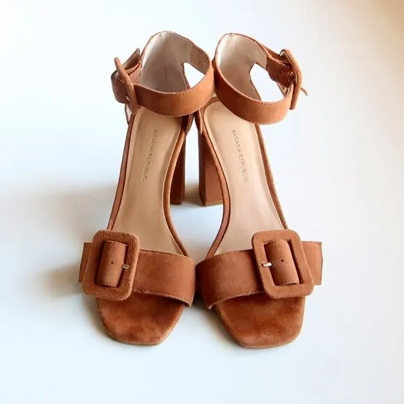 Banana Republic Tan Suede Leather Ankle Strap Block Heel Sandals Size 6