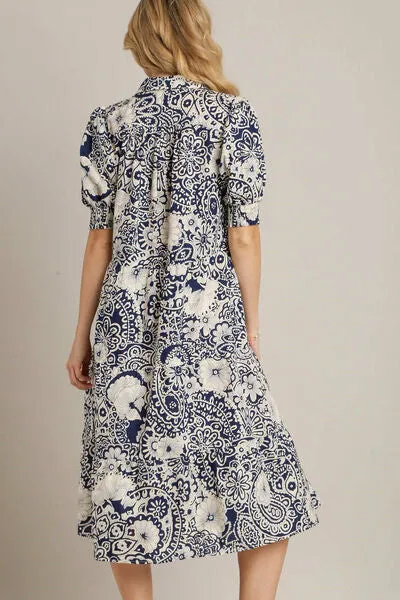 Blue Printed Smocked Cuff Puff Sleeve Midi Dress