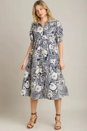 Blue Printed Smocked Cuff Puff Sleeve Midi Dress