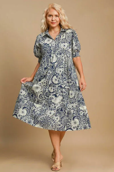 Blue Printed Smocked Cuff Puff Sleeve Midi Dress