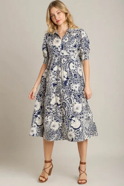 Blue Printed Smocked Cuff Puff Sleeve Midi Dress