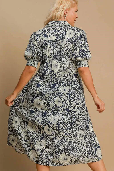 Blue Printed Smocked Cuff Puff Sleeve Midi Dress