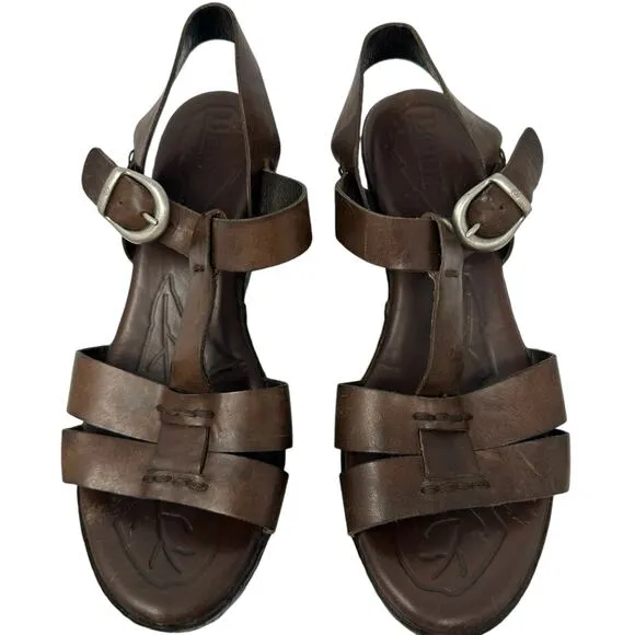 BORN MENUDA Brown Leather Chunky Platform Heel Sandals Sz 9.5 Basket Woven Wedge