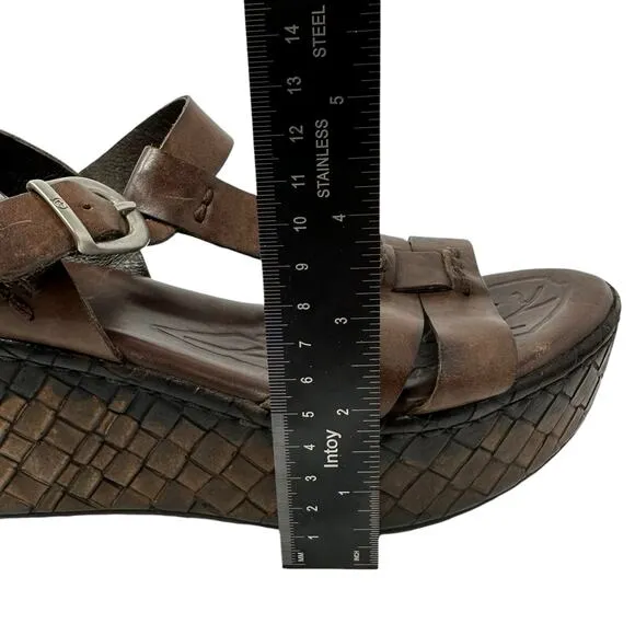 BORN MENUDA Brown Leather Chunky Platform Heel Sandals Sz 9.5 Basket Woven Wedge