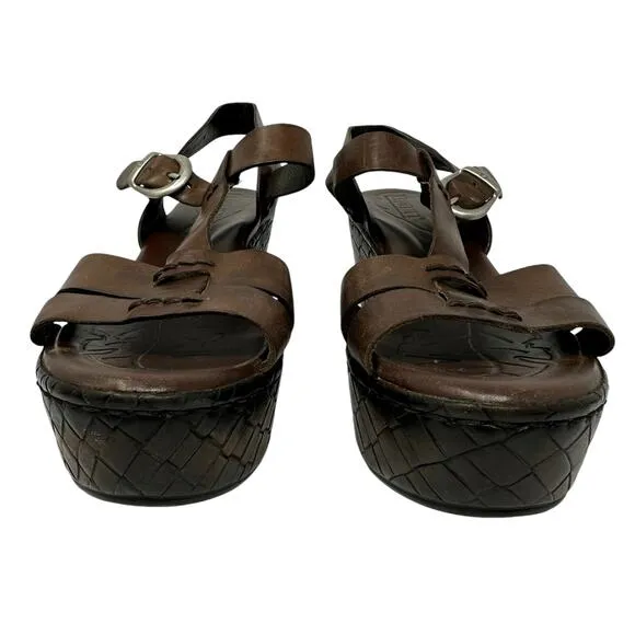 BORN MENUDA Brown Leather Chunky Platform Heel Sandals Sz 9.5 Basket Woven Wedge