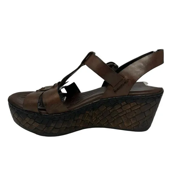 BORN MENUDA Brown Leather Chunky Platform Heel Sandals Sz 9.5 Basket Woven Wedge