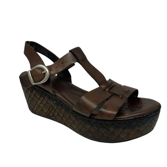 BORN MENUDA Brown Leather Chunky Platform Heel Sandals Sz 9.5 Basket Woven Wedge