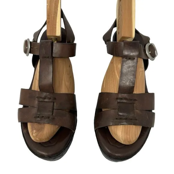 BORN MENUDA Brown Leather Chunky Platform Heel Sandals Sz 9.5 Basket Woven Wedge