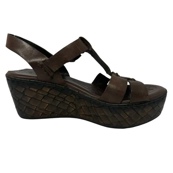 BORN MENUDA Brown Leather Chunky Platform Heel Sandals Sz 9.5 Basket Woven Wedge