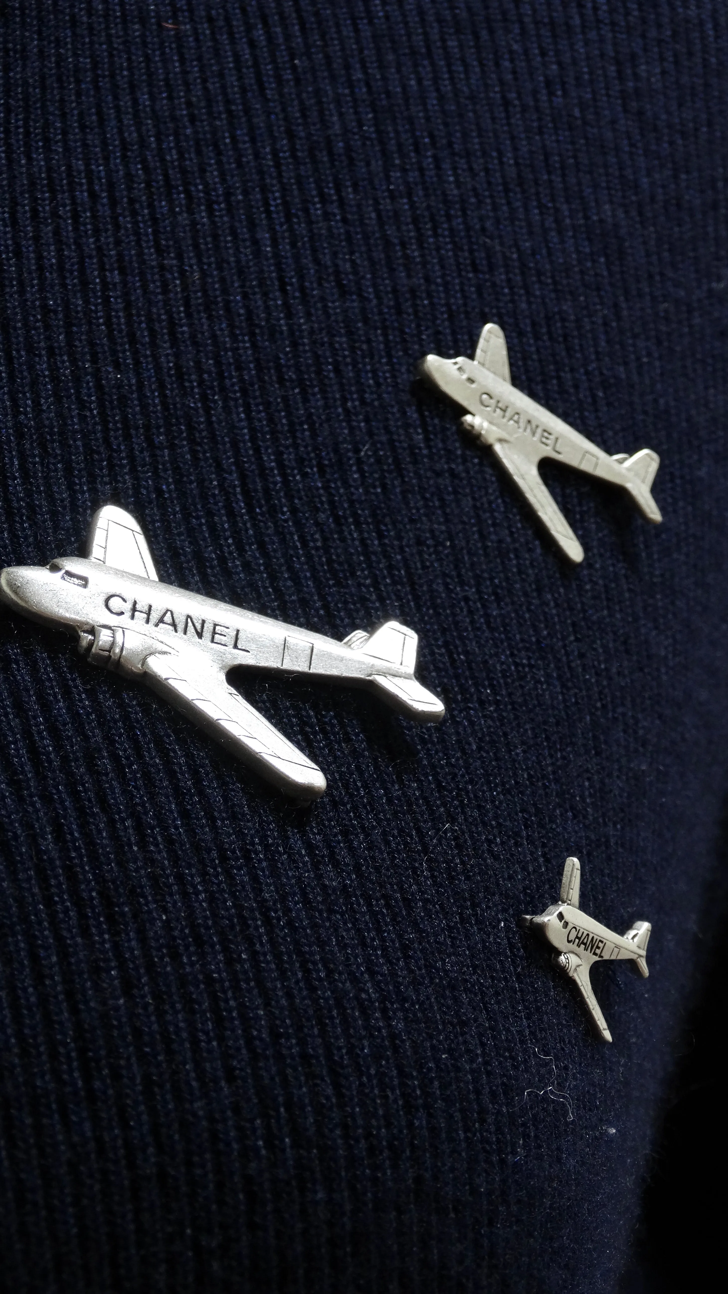 Chanel Cashmere Knit Plane Pins Navy Blue Dress