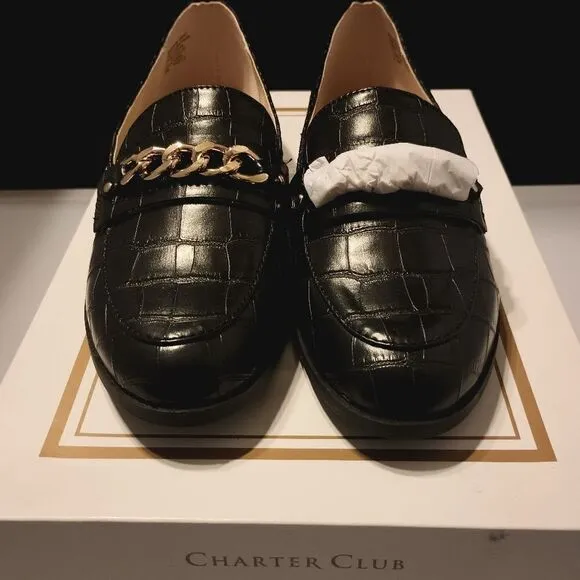💯🔥CHARTER CLUB Womens Black Crocodile Chain Comfort Kattelle Round Toe Block H