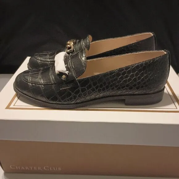 💯🔥CHARTER CLUB Womens Black Crocodile Chain Comfort Kattelle Round Toe Block H