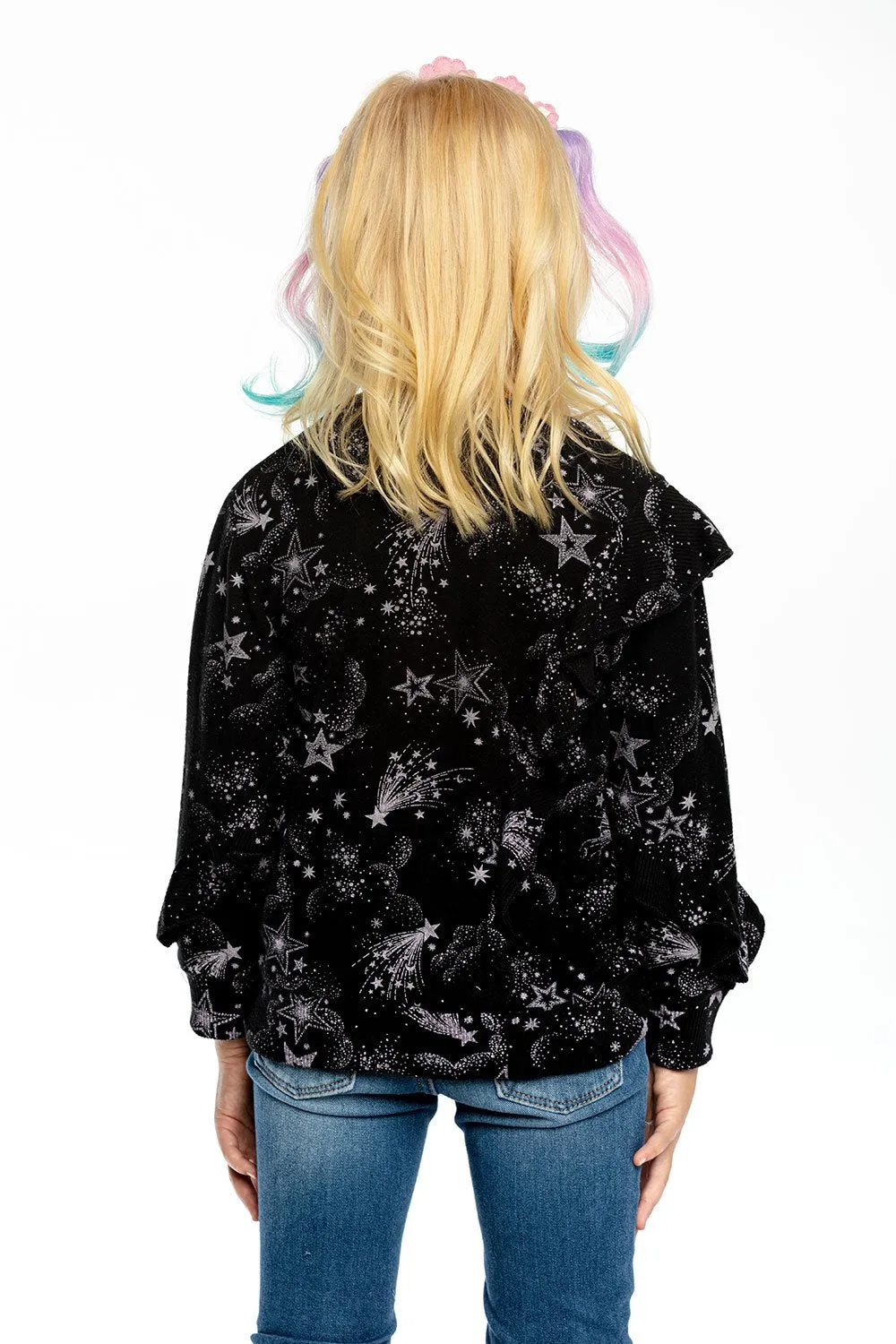 Chaser Mystical Star Print Ruffle Knit Pullover