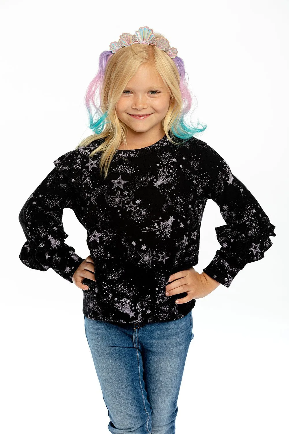 Chaser Mystical Star Print Ruffle Knit Pullover