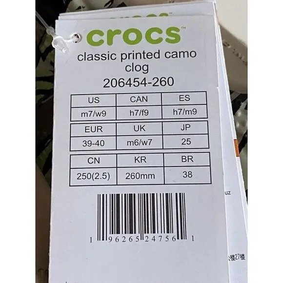 CROCS CLASSIC PRINTED Unisex Slip On Army Clogs Camo Khaki Men’s Sz 7 Women’s 9
