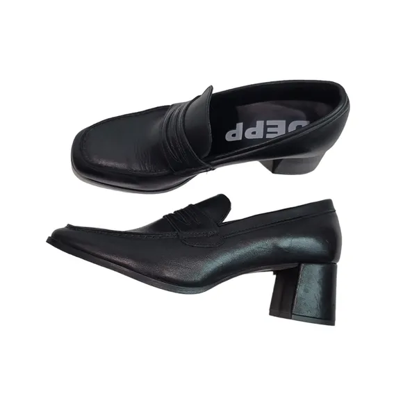 Depp Leather Square Toe Heeled Loafers Size 39
