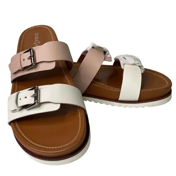 Diba Carol Bee Pink White Leather Slip-On Buckle Straps Slides Sandals Platform