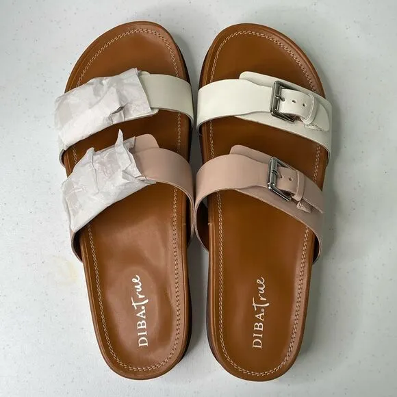 Diba Carol Bee Pink White Leather Slip-On Buckle Straps Slides Sandals Platform