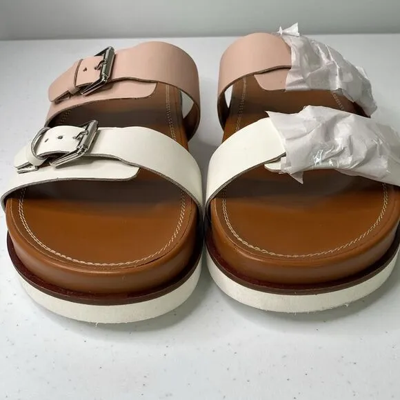 Diba Carol Bee Pink White Leather Slip-On Buckle Straps Slides Sandals Platform