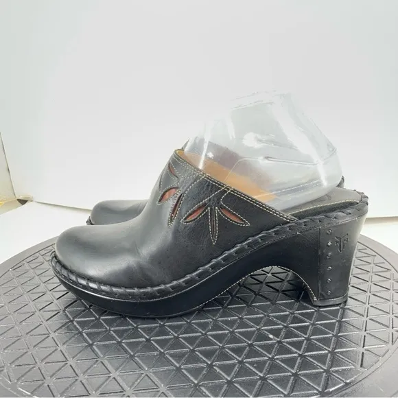 Frye Women Size 7.5 Clogs Heels Open Back Slip On Mules Black Leather Floral
