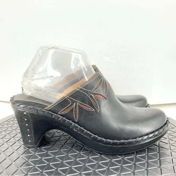 Frye Women Size 7.5 Clogs Heels Open Back Slip On Mules Black Leather Floral