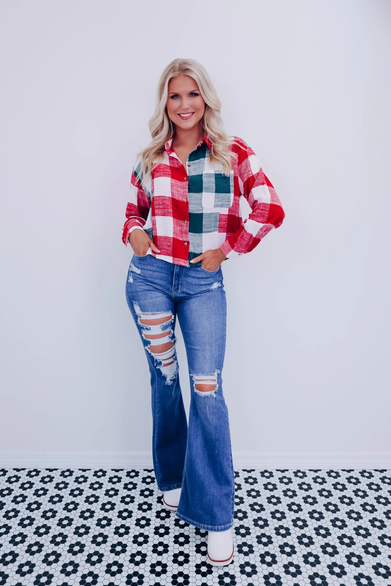 Gingham Flannel Cropped Shirt- Red/Green
