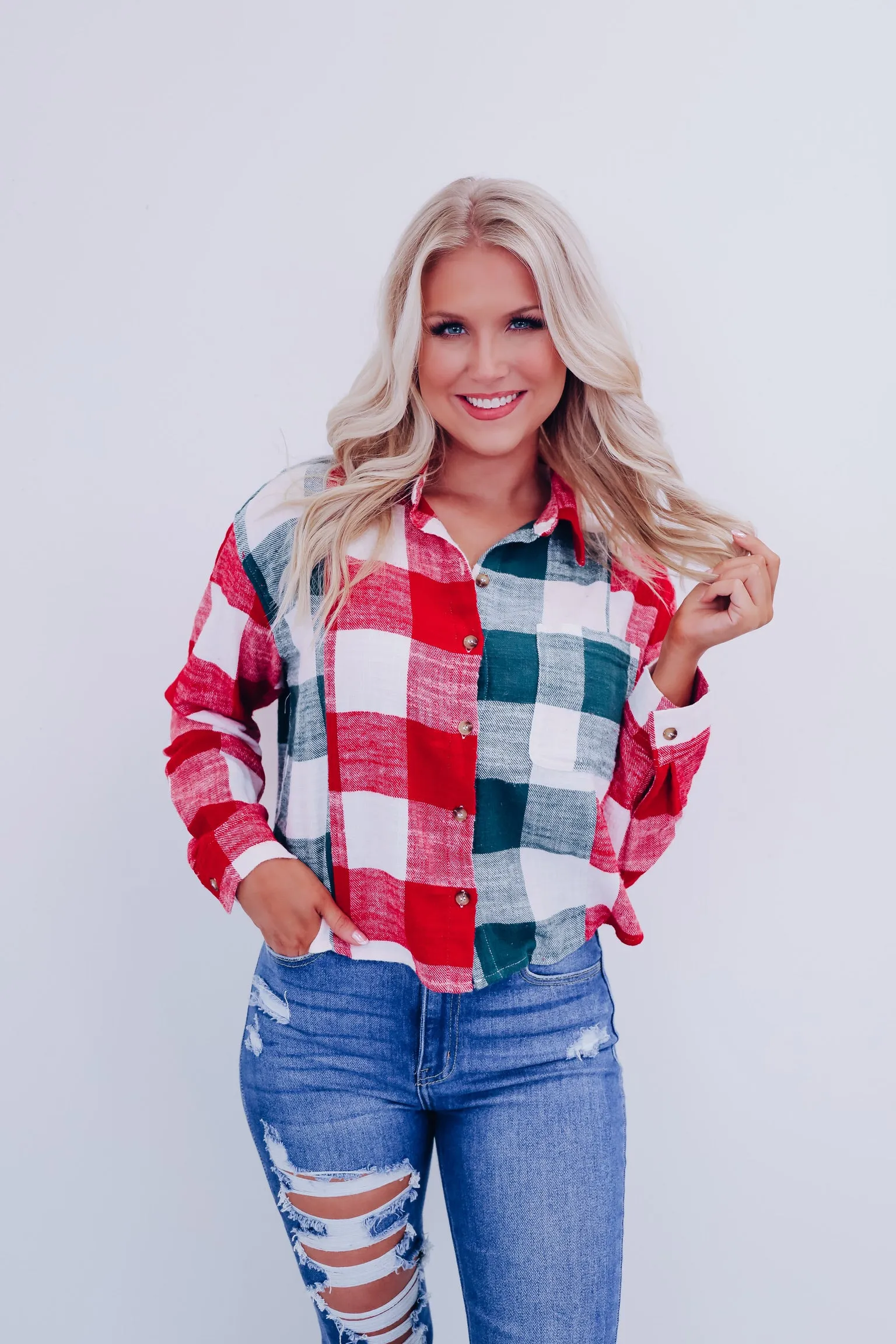 Gingham Flannel Cropped Shirt- Red/Green