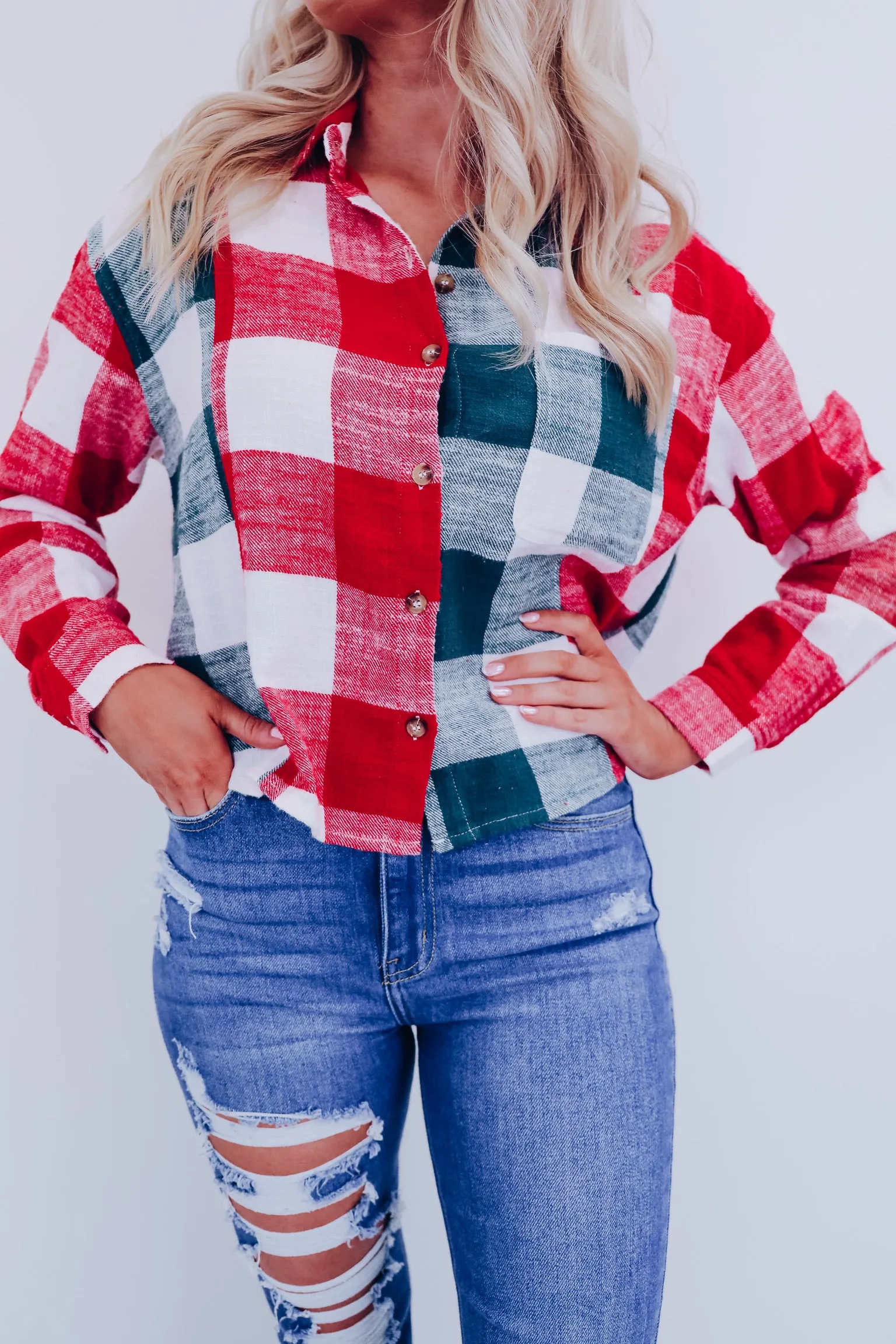 Gingham Flannel Cropped Shirt- Red/Green