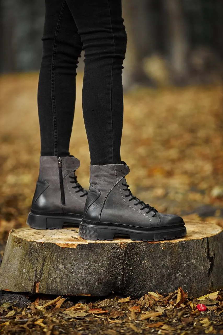 Grey Milled Lace-up Boots