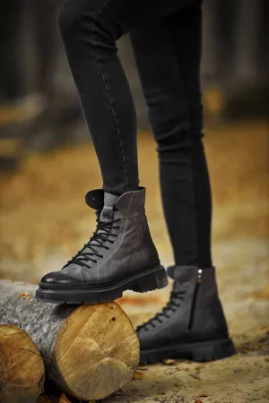 Grey Milled Lace-up Boots