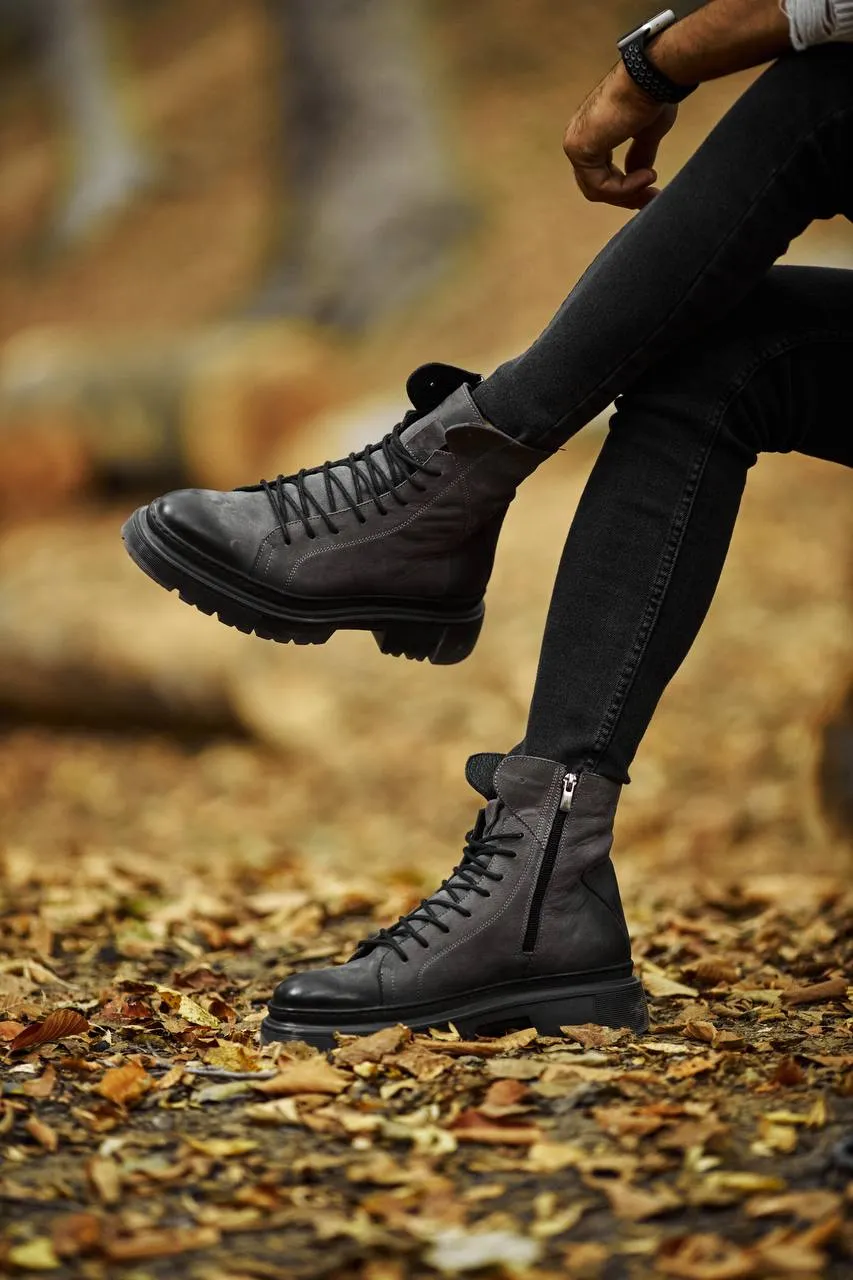 Grey Milled Lace-up Boots