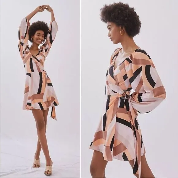 Hutch Anthropologie Women's Pink Sand Wave Wrap Mini Dress Puff Sleeves XS
