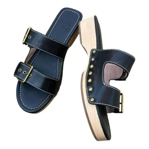 J. Crew Black Leather Adjustable Straps Double Buckle Clog Sandals Size 10 NWOT