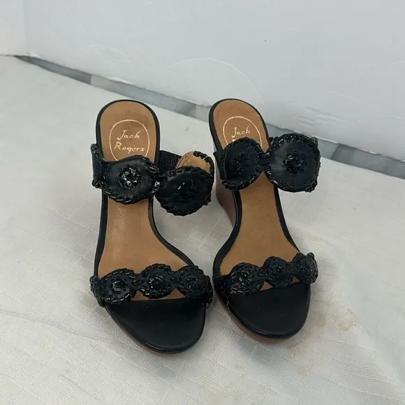 Jack Rogers Black Slip On Open/Peep Toe Luccia Wedge Sandals Size 6.5