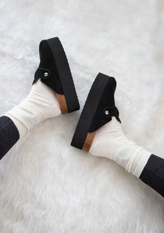 Jasmine Slip-On Platform Clog - Black Suede, Adjustable Buckle, 2.6" Heel