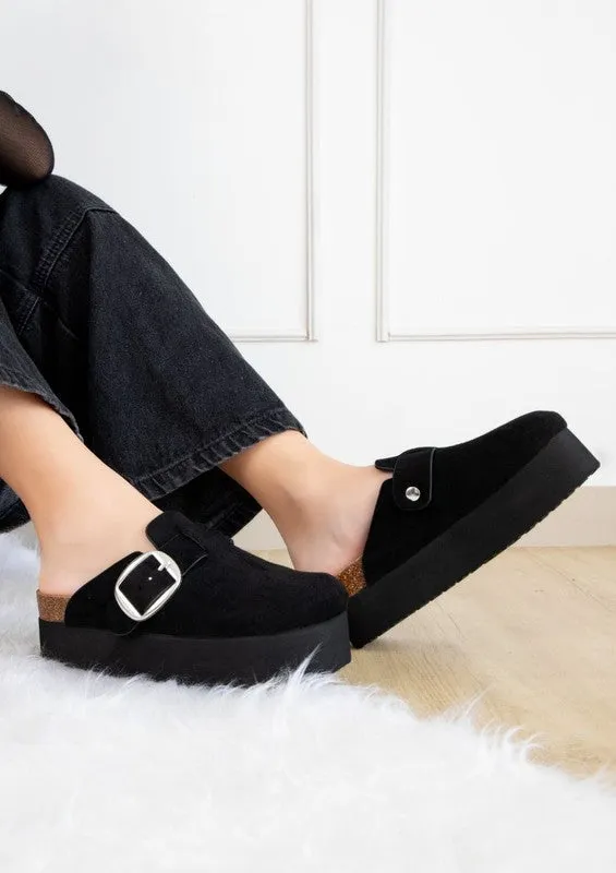Jasmine Slip-On Platform Clog - Black Suede, Adjustable Buckle, 2.6" Heel