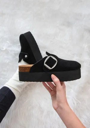 Jasmine Slip-On Platform Clog - Black Suede, Adjustable Buckle, 2.6" Heel