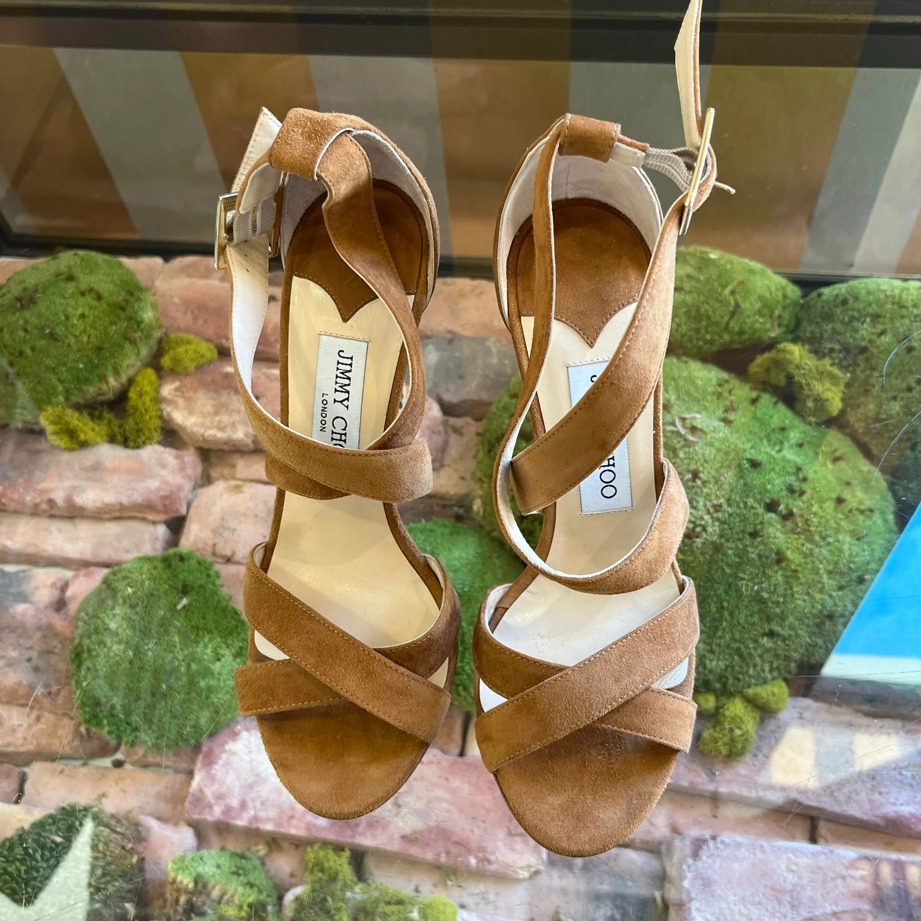 JIMMY CHOO Tan Suede Criss Cross Sandals SZ37.5(7.5US)