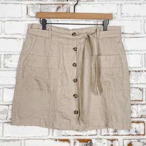 Jones &amp; Co Tan Linen Belted Button Down Skirt with Shorts Mini Skirt Skort L