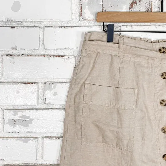 Jones &amp; Co Tan Linen Belted Button Down Skirt with Shorts Mini Skirt Skort L