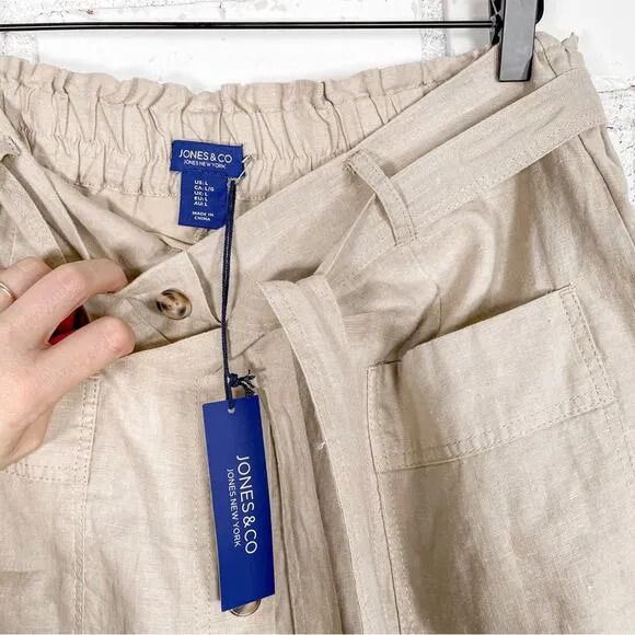 Jones &amp; Co Tan Linen Belted Button Down Skirt with Shorts Mini Skirt Skort L